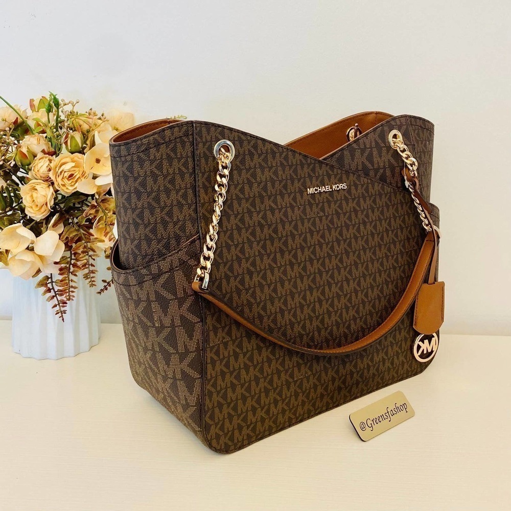 Michael Kors Purse jet set travel large chain tote shoulder bag brown signature - Picture 3 of 10